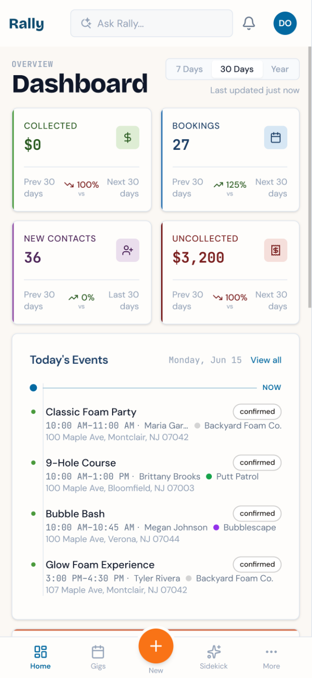 Rally dashboard on mobile with crew updates landing live