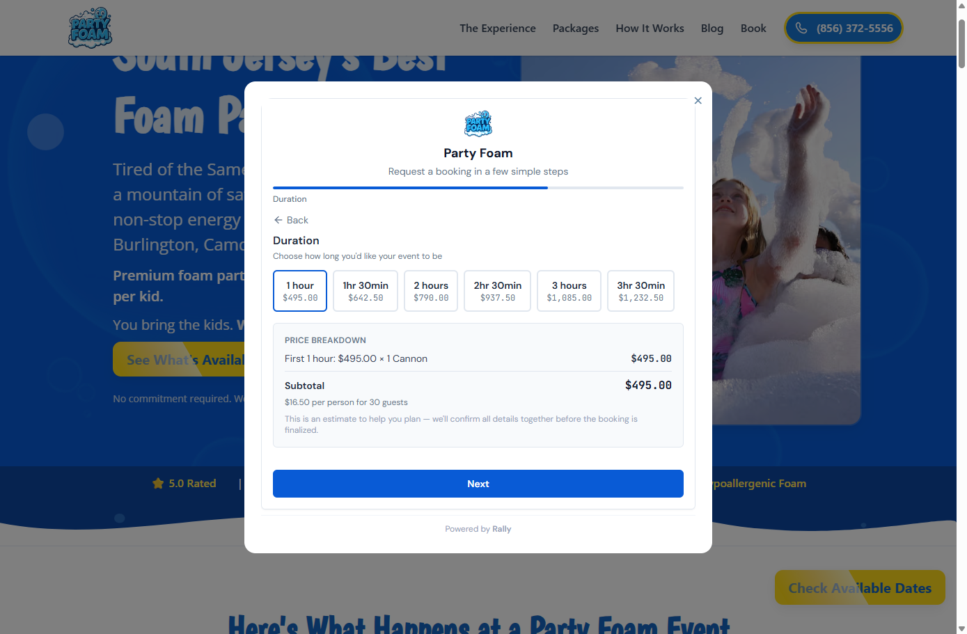 An operator's own site with the Rally booking wizard open, choosing a duration with the price updating live