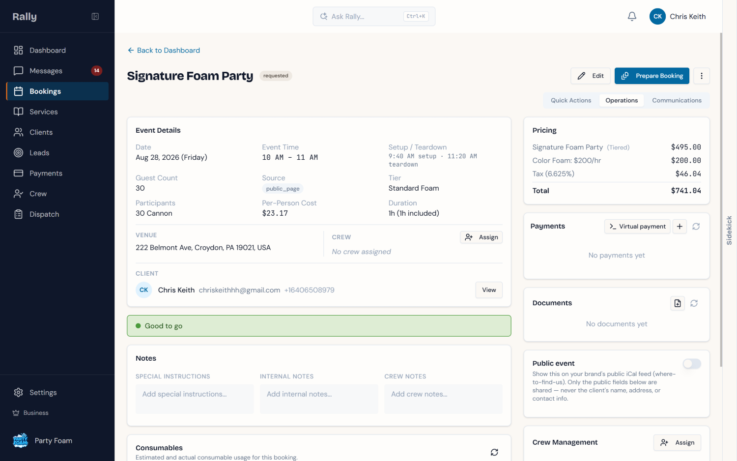 The booking request landed, event details and readiness in one place