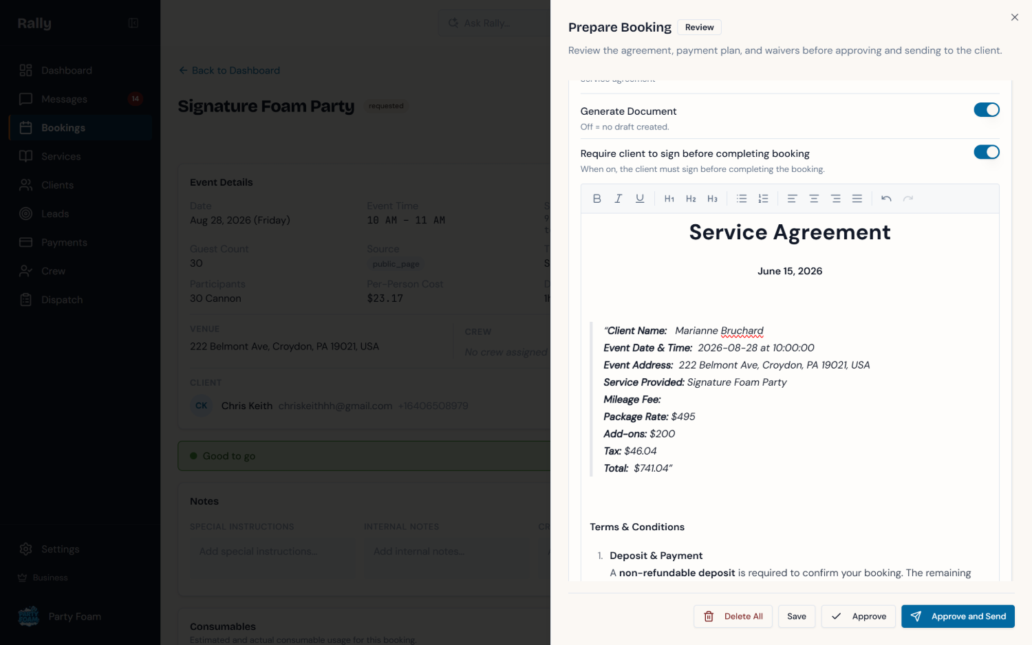 Prepare Booking panel, review the agreement and deposit, then approve