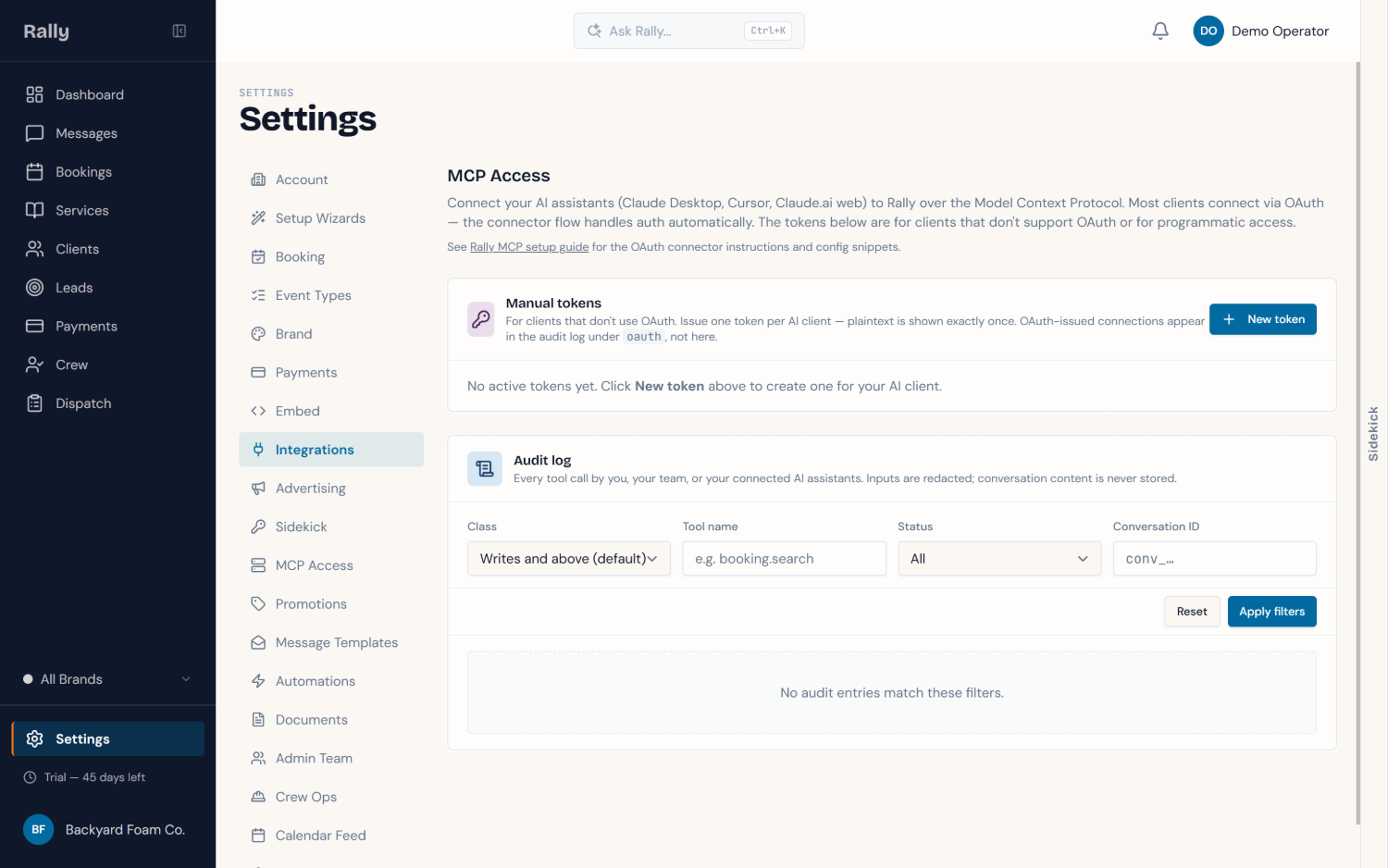 MCP Access settings. Connect your AI assistants to Rally