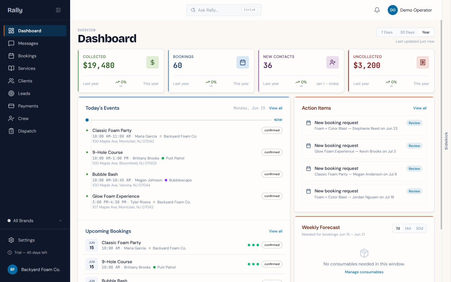 The calm Rally dashboard, one screen with the year's numbers